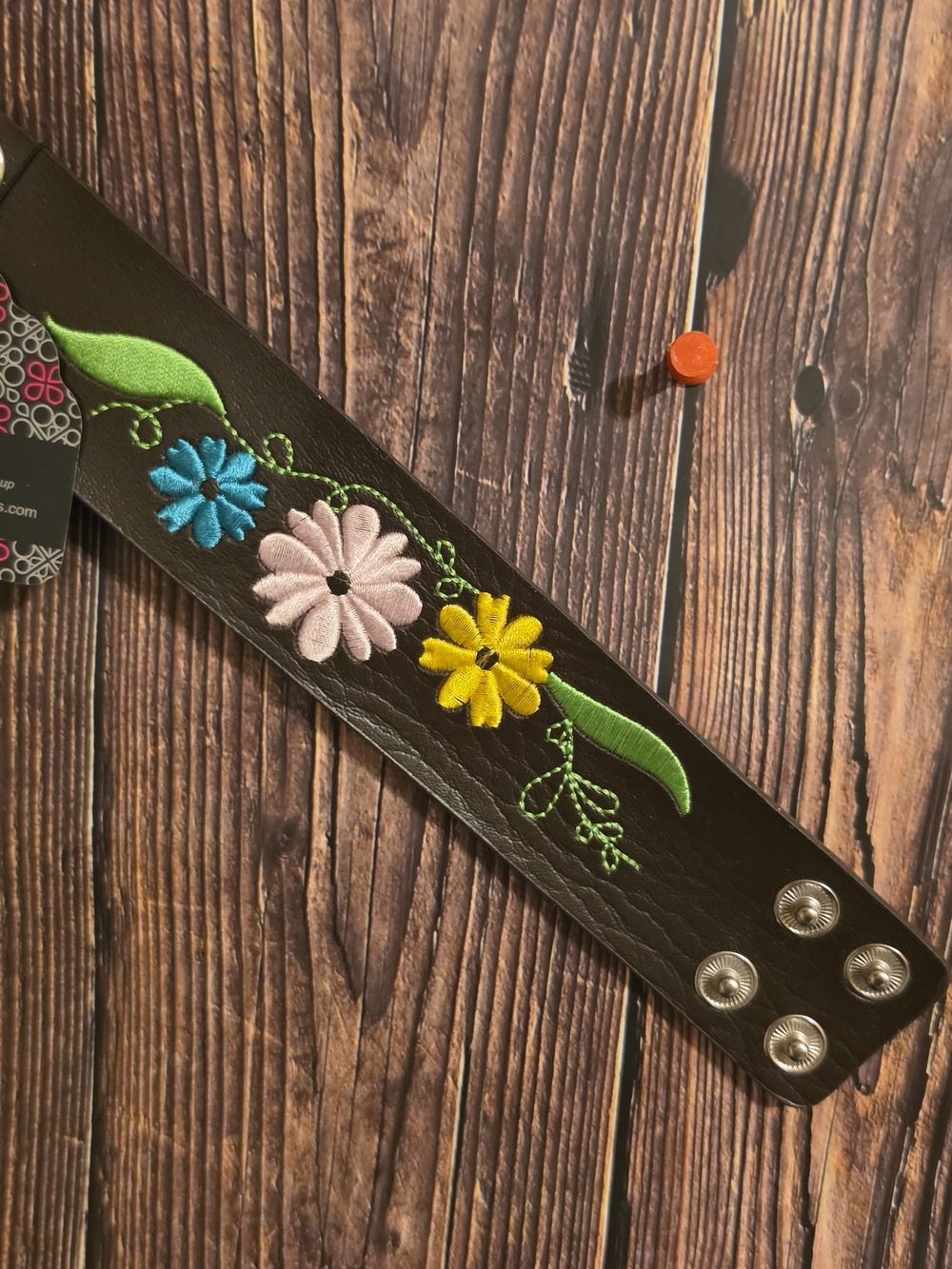 Floral Embroidered Black Leather Bracelet with Multicolor Flowers